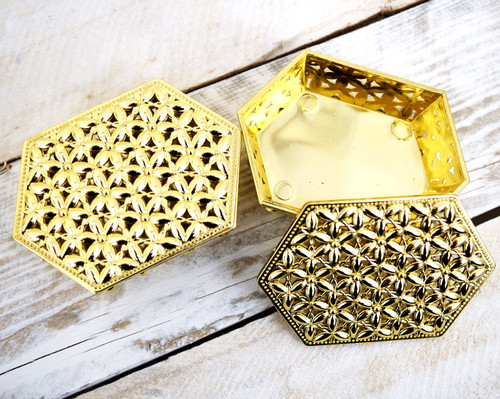 3.5" x 2.5" Gold Hexagon Carved Plastic Favor Trinket Box  - Pack of 12