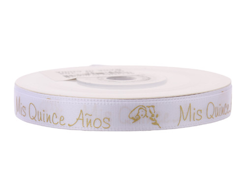 3/8" x 25 Yards Gold "Mis Quince Anos" Spanish Printed Quinceanera Ribbon - Pack of 5 Rolls