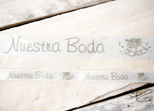 3/8" x 25 Yards Silver "Nuestra Boda" Spanish Printed Wedding Ribbon - Pack of 5 Rolls