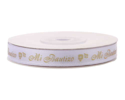3/8" x 25 Yards Gold "Mi Bautizo" Printed Satin Ribbon for Baptism Favors - Pack of 5 Rolls
