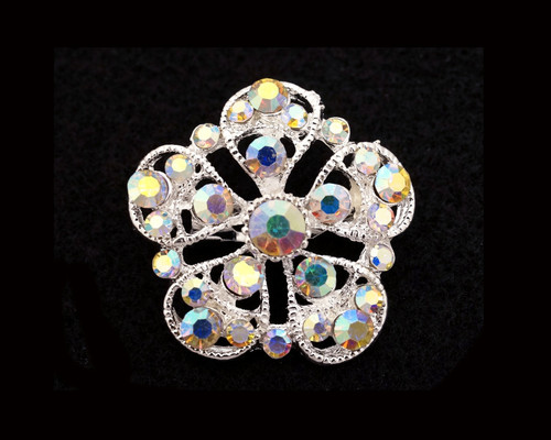 1.5" Silver Fashion Brooch Pin with Iridescent Rhinestones - Pack of 12