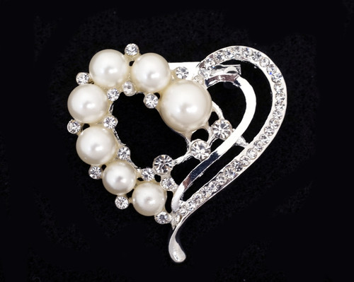 2" Silver Heart-Shaped Rhinestone Pearl Brooch Pin  - Pack of 12