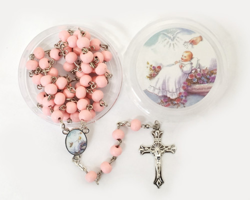 19" Pink Scented Wood Rosary Favors for Baptism - Pack of 12