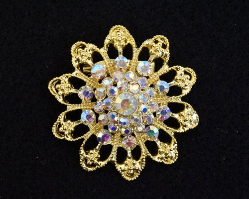 1.5" Round Gold Fashion Brooch Pin with Iridescent Rhinestones   - Pack of 12