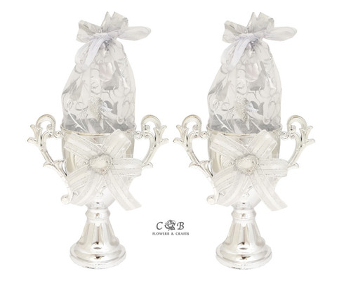 4" x 7.5" Silver Holy First Communion Cup Organza Bag Favor Trinket Box  - Pack of 12