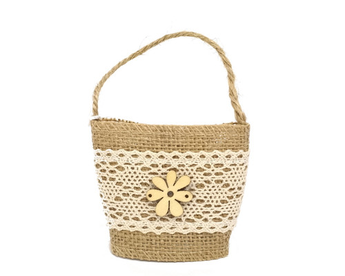 3" Rustic Burlap Lace Favor Purse with Wooden Flower - Pack of 12  Bags