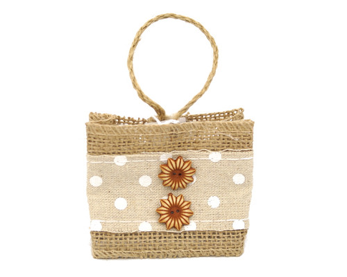 3" Rustic Burlap Lace Favor Purse with Wooden Sunflowers - Pack of 12  Bags