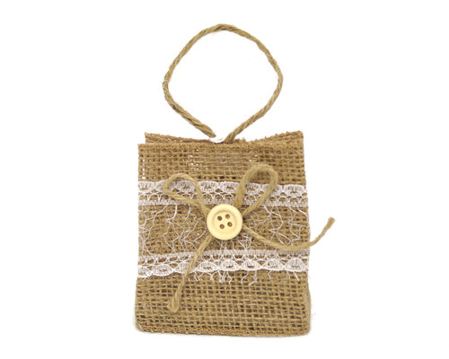 3" Rustic Burlap Lace Favor Purse with Burlap Twine Bow - Pack of 12  Bags