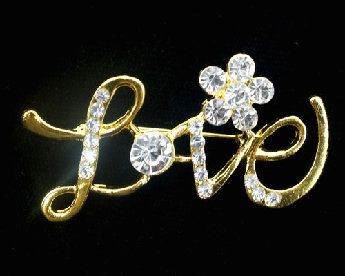2" Gold "LOVE" Rhinestone Fashion Brooch Pin  - Pack of 12