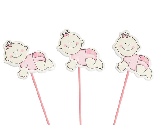 Pink Baby Shower Crawling Baby Girl Wood Picks - Pack of 12