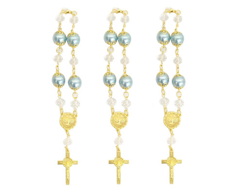 7" Blue Large Pearl Rosary Bracelet with Gold Cross Pendant - Pack of 12