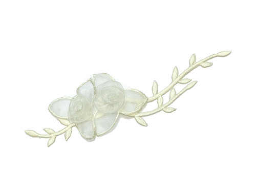 7" Ivory Organza Patch Rose Flower with Leaves - Pack of 12
