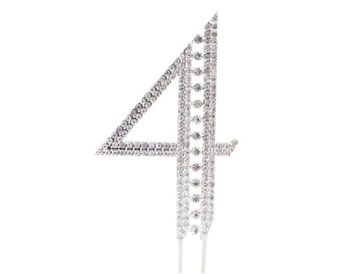 Silver Rhinestone Studded Cake Topper Number 4 - Pack of 3