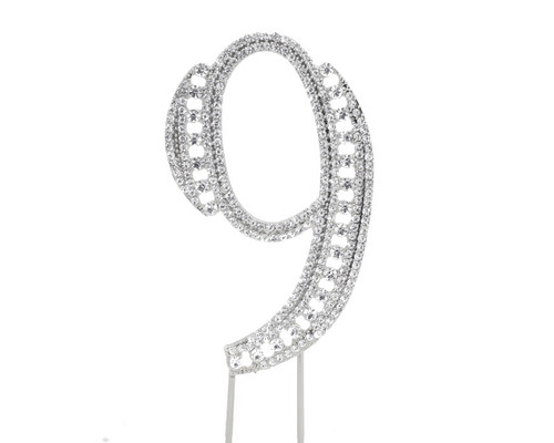 Silver Rhinestone Studded Cake Topper Number 9 - Pack of 3