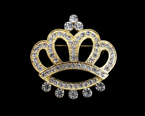 2" Gold Crown Rhinestone Fashion Brooch Pin  - Pack of 12