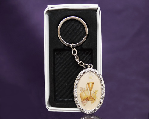 Oval JHS First Communion Rhinestone Keychain - Pack of 12