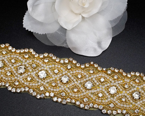 2" x 5 Yards Gold Bridal Iron-On Rhinestone Pearl Trim