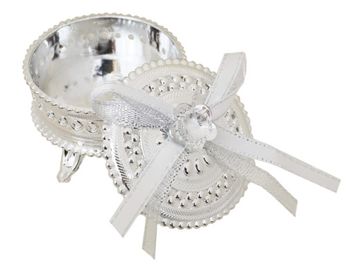 2.5" Silver Round Ribbon Bow Favor Trinket Box  - Pack of 12