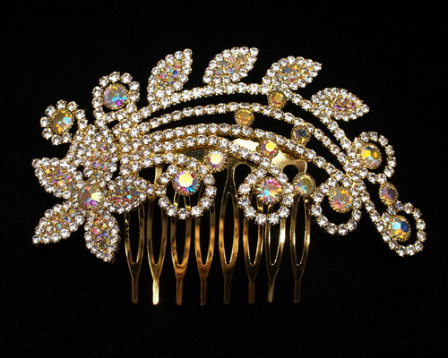 4.25" Gold AB Crystal Bridal Hair Comb with Rhinestones