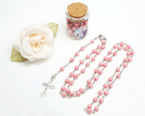 1.5" Pink Cork Glass Bottle Rosary Favor - Pack of 8 Baptism Favors