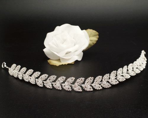 11" Silver Floral Rhinestone Leaf Bridal Hair Band