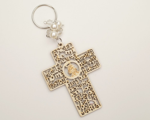 White Pearl Wooden Cross Girl Baptism Keychain - Pack of 12