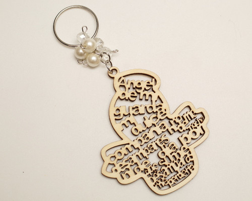 White Pearl Wooden Angel Baptism Keychain - Pack of 12