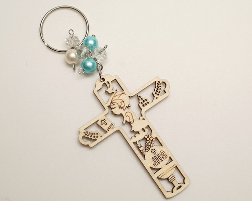 Blue Pearl Wooden Cross Boy's First Communion JHS Keychain - Pack of 12