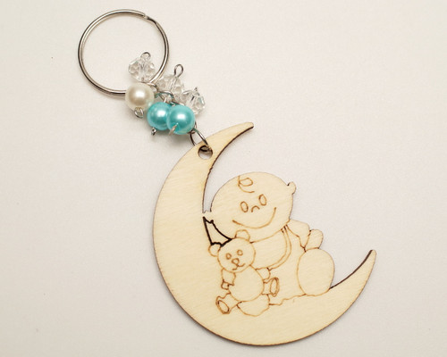 Blue Pearl Round Wooden Carved Baby Shower Boy Keychain - Pack of 12