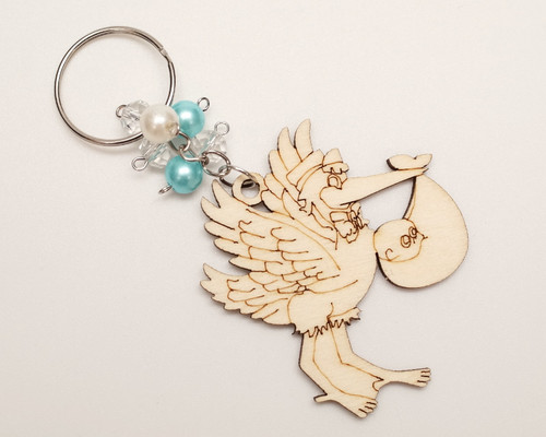 Blue Pearl Wooden Carved Baby Shower Stork Boy Keychain - Pack of 12