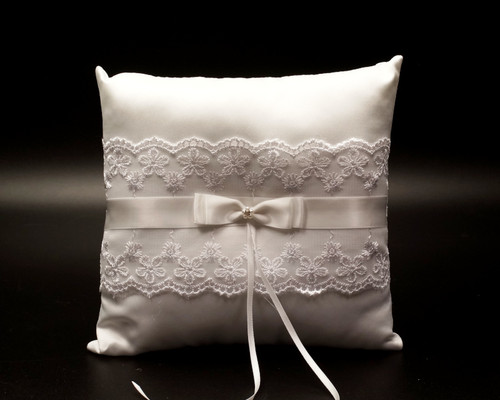 White Organza Lace Wedding Ring Bearer Pillow with Satin Bow