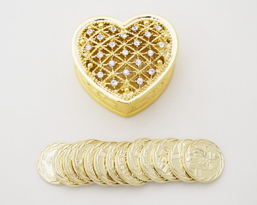 1.5" Gold Heart Arras Box and Coin Set with Rhinestones