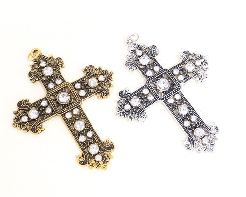 Silver Antique Metal Cross Pendants with Rhinestones - Pack of 12 Pieces