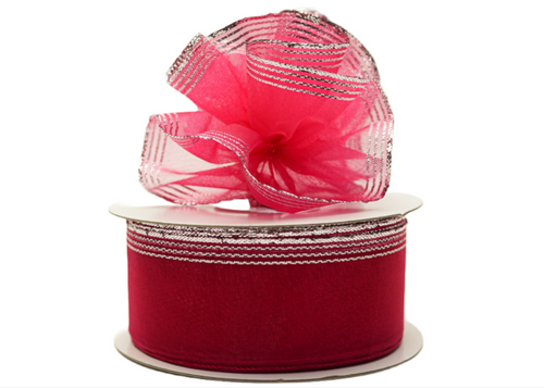 1.5"x25 yards Fuchsia/Silver Organza Pull Bows Gift Ribbon - Pack of 5 Rolls