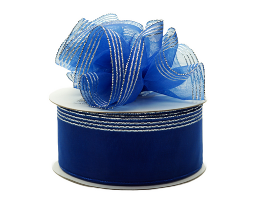 1.5"x25 yards Navy Blue Organza Pull Bows Gift Ribbon with Silver Edge - Pack of 5 Rolls