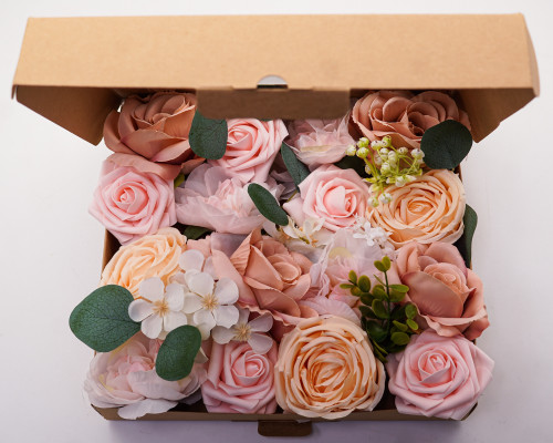 Blush-Pink Rose Foam and Silk Flowers with Flexible Wire Stem - 1 DIY Floral Kraft Box