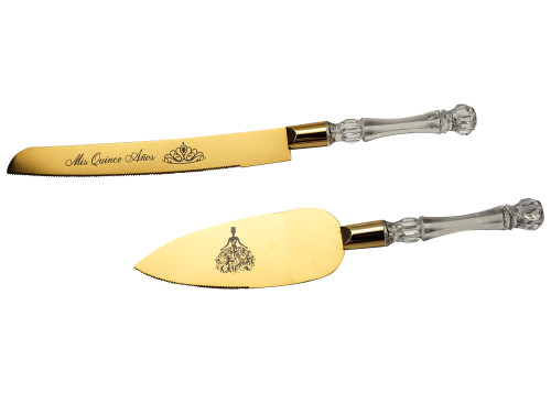 Gold Quinceanera Cake Knife and Server Sets with "Mis 15 Anos" Engraving