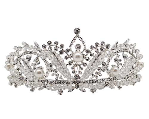 2 3/8" Silver Tiara with Clear Rhinestones, Crystal Beads, and White Pearls