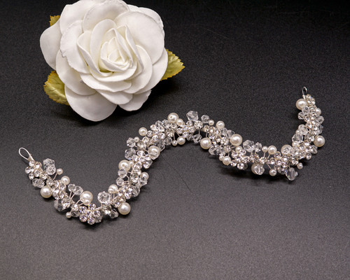 1" x 12 1/2" Silver Headpiece with Clear Rhinestones, Crystal Beads, and White Pearls