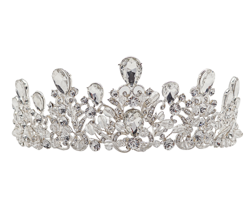 2 1/2" Silver Tiara with Clear Rhinestones, Gem Stones, and Crystal Beads