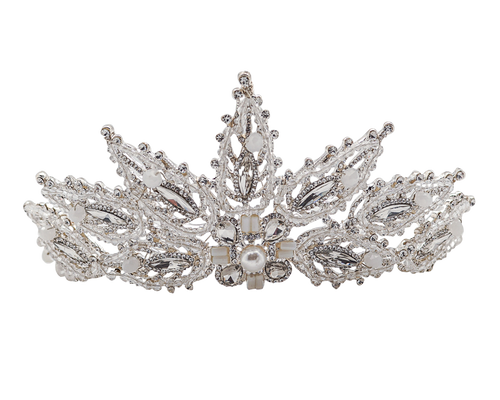 2.5" Silver Tiara with Clear Rhinestones, White Pearls and Crystal Beads