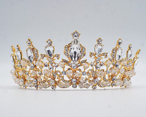 2.5" Gold Tiara with Clear Rhinestones, Gem Stones, and Crystal Beads 