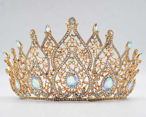 4" Gold Tiara with Iridescent Rhinestones and Gem Stones