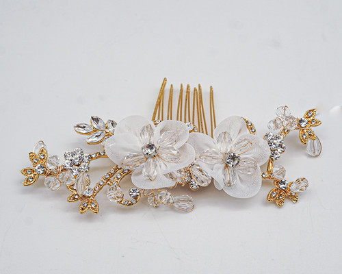 4.75" Gold Bridal Spray Hair Comb with White Blooms and Crystal Pave Leaves  - 1 Headpiece