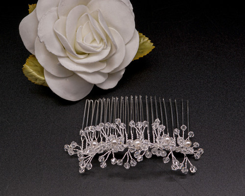 1 1/2" x 4" Silver Headpiece with White Pearls and Crystal Beads