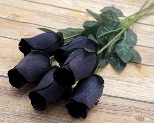 17" Black Wooden Roses - Pack of 6