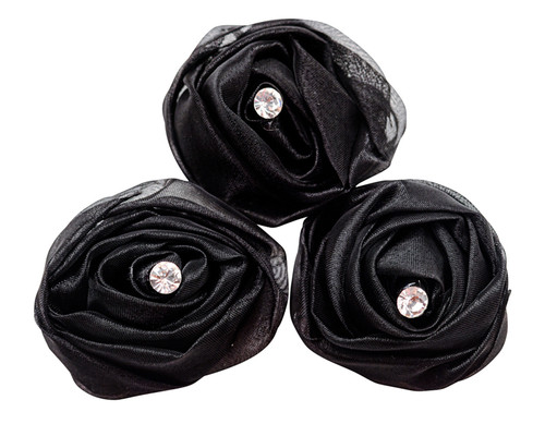 2" Black Rolled Organza Flowers with Clear Rhinestone -  Pack of 120