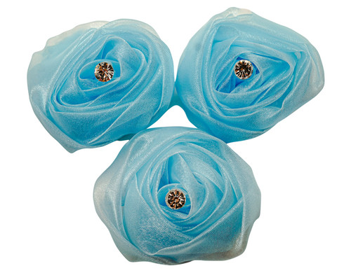 2" Blue Rolled Organza Flowers with Clear Rhinestone - Pack of 120