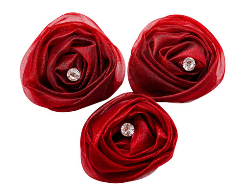 2" Burgundy Rolled Rolled Organza  Flowers with Clear Rhinestone - Pack of 120