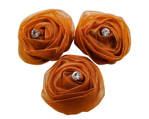 2" Gold Rolled Organza  Flowers with Clear Rhinestone - Pack of 120